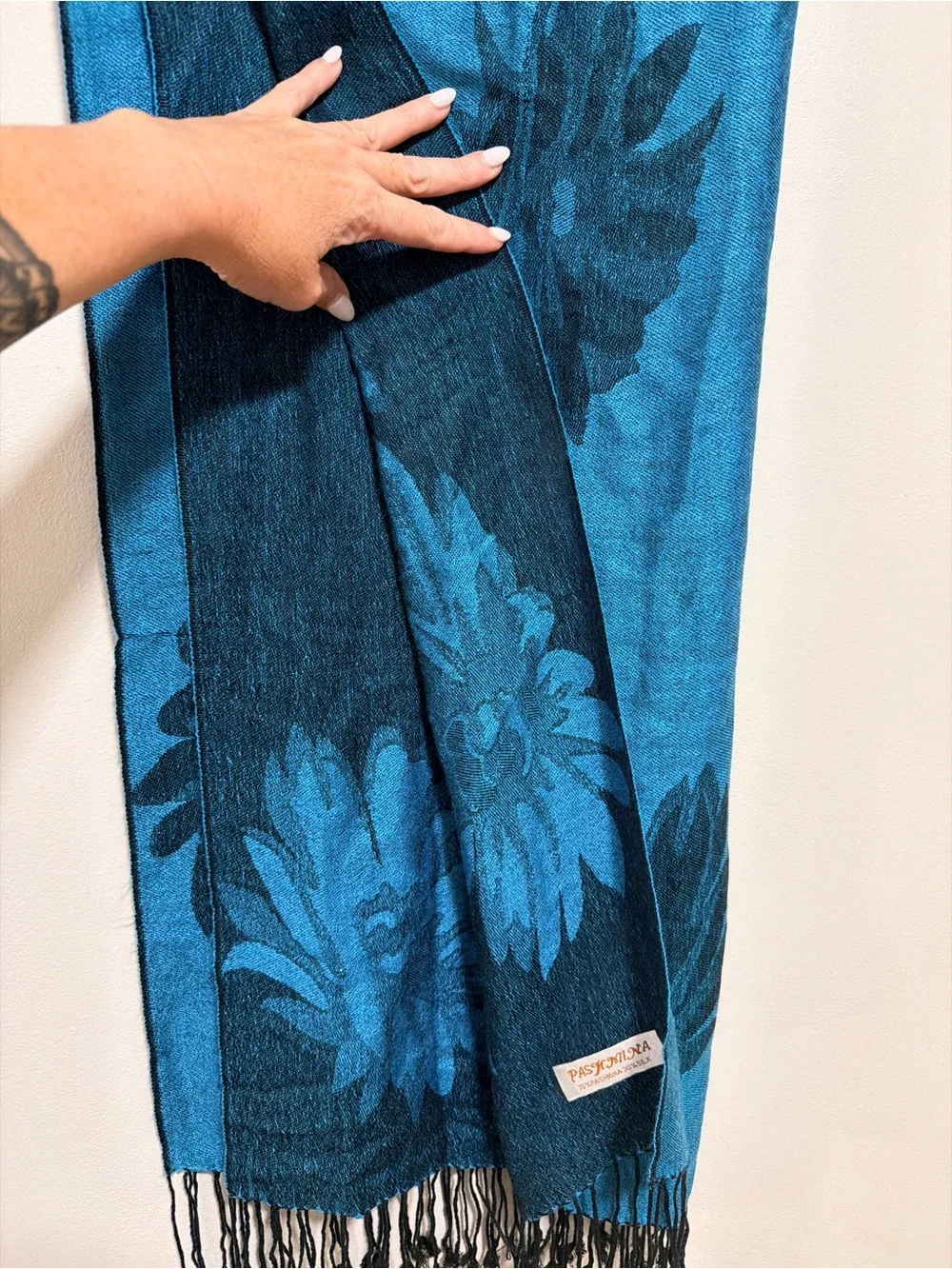 pashmina Teal Blue Jacquard Fringe Wrap